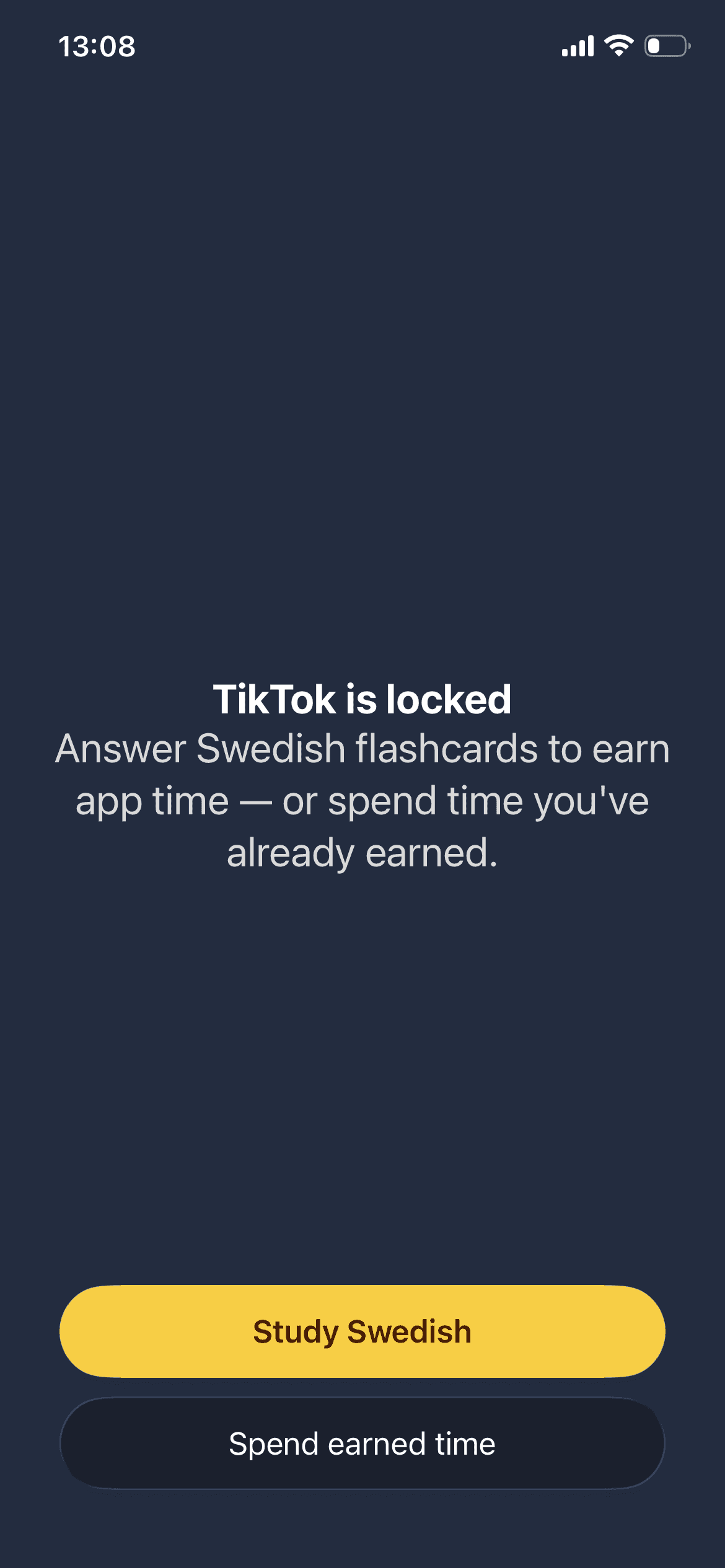 Swescroll lock screen: TikTok is locked. Answer Swedish flashcards to earn app time — or spend time you've already earned.