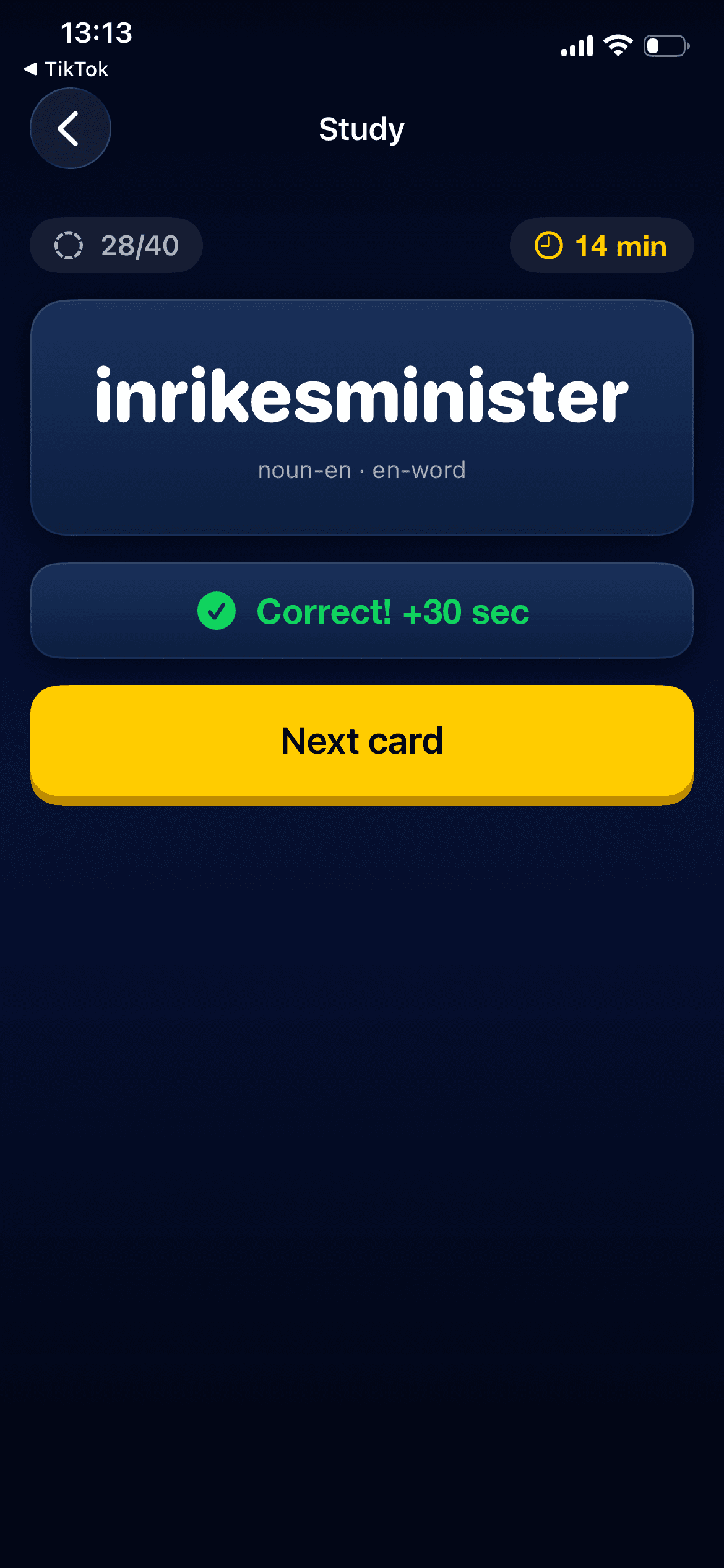 A Swescroll study session: the word 'inrikesminister' answered correctly, earning 30 seconds of app time.