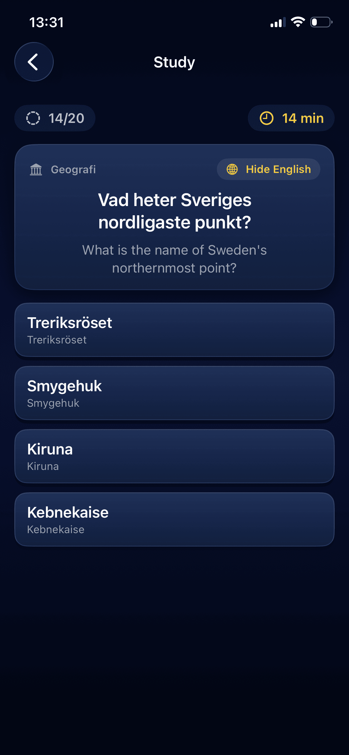 A Swescroll civics question in Swedish with English translation: what is Sweden's northernmost point, with four answer options.