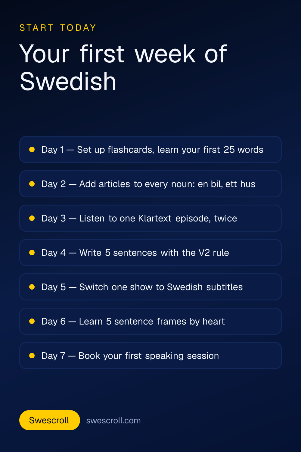 Seven-day Swedish starter checklist: set up flashcards, learn nouns with articles, listen to Klartext, practice V2 sentences, switch to Swedish subtitles, learn sentence frames, book a speaking session